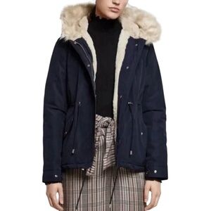 Zara Navy Blue Hooded Parka Jacket Coat Outerwear Small Winter Faux Fur